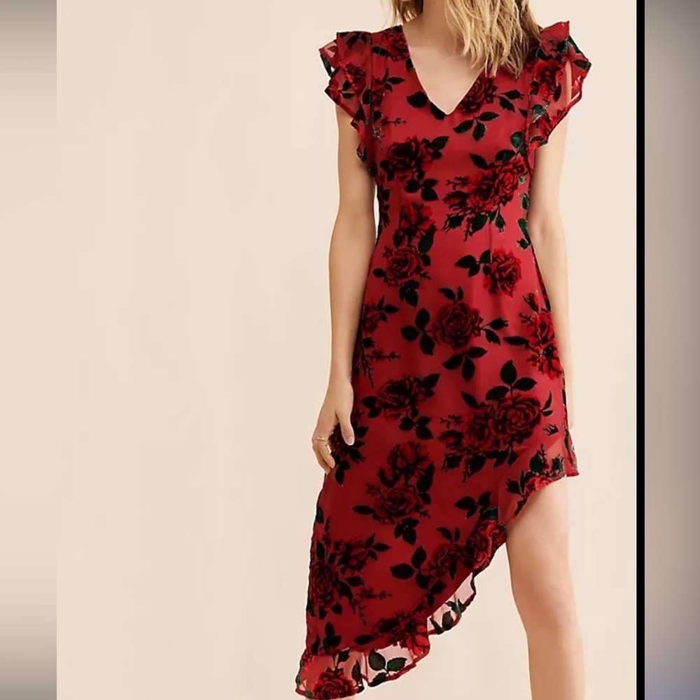 Rachel Parcell Ruffle Asymmetrical Burn Out Velvet Dress, Rose Floral Size 8